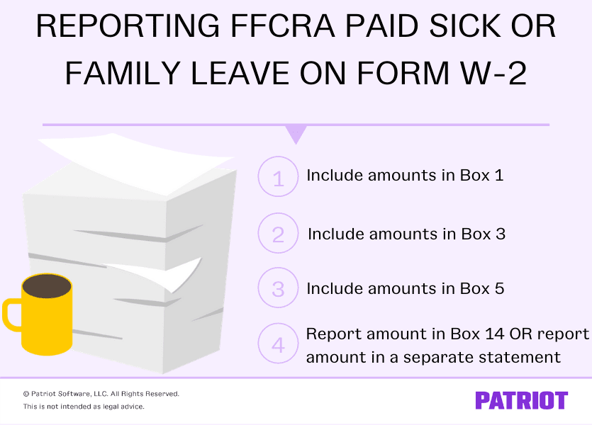 how to report FFCRA paid sick or family leave on form w-2: include in boxes 1, 3, and 5; report amount in Box 14 or report amount in a separate statement