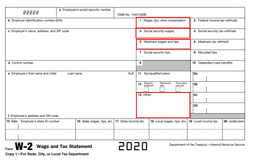 2020 Form W-2 copy with boxes 1, 3, 5, and 14 in red boxes