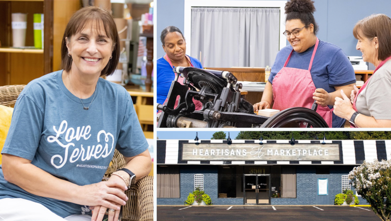 Texas-based Heartisans Marketplace collage featuring the marketplace, Julee Rachels, and volunteers
