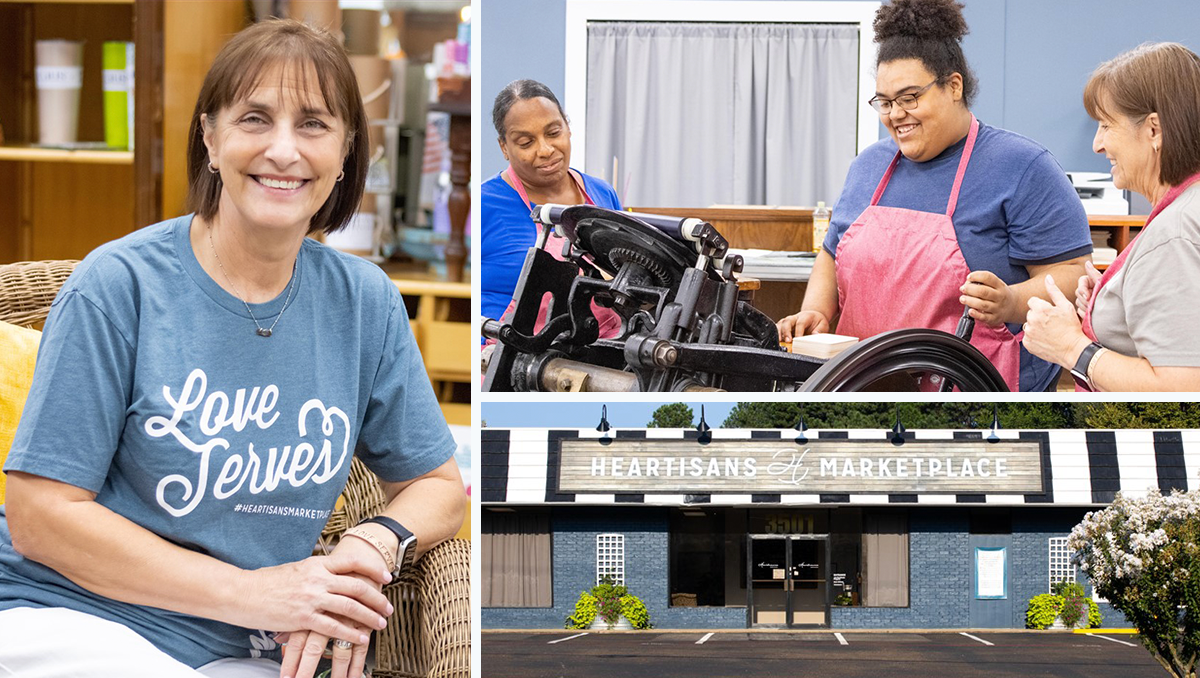 Texas-based Heartisans Marketplace collage featuring the marketplace, Julee Rachels, and volunteers