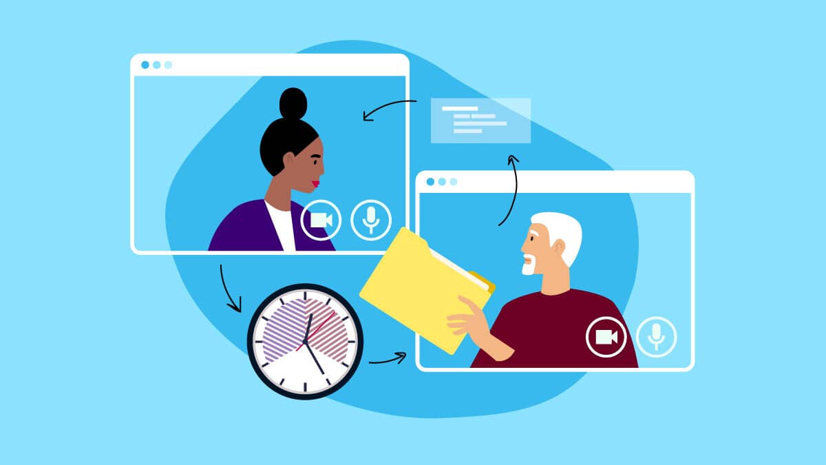 两个插图的人传递一个文件夹和共享工作