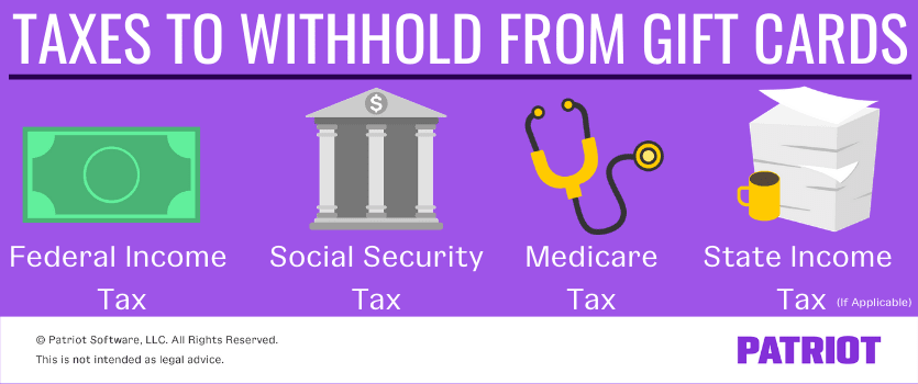 taxes to withhold from gift cards: federal income, Social Security, Medicare, and state income taxes