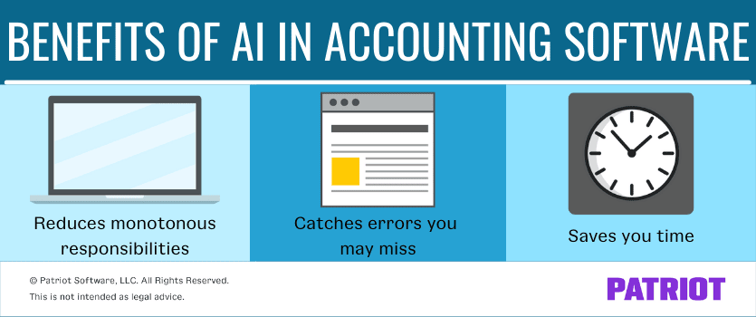 benefits of AI in accounting software: 1) reduces monotonous responsibilities, 2) catches errors you may miss 3) saves you time